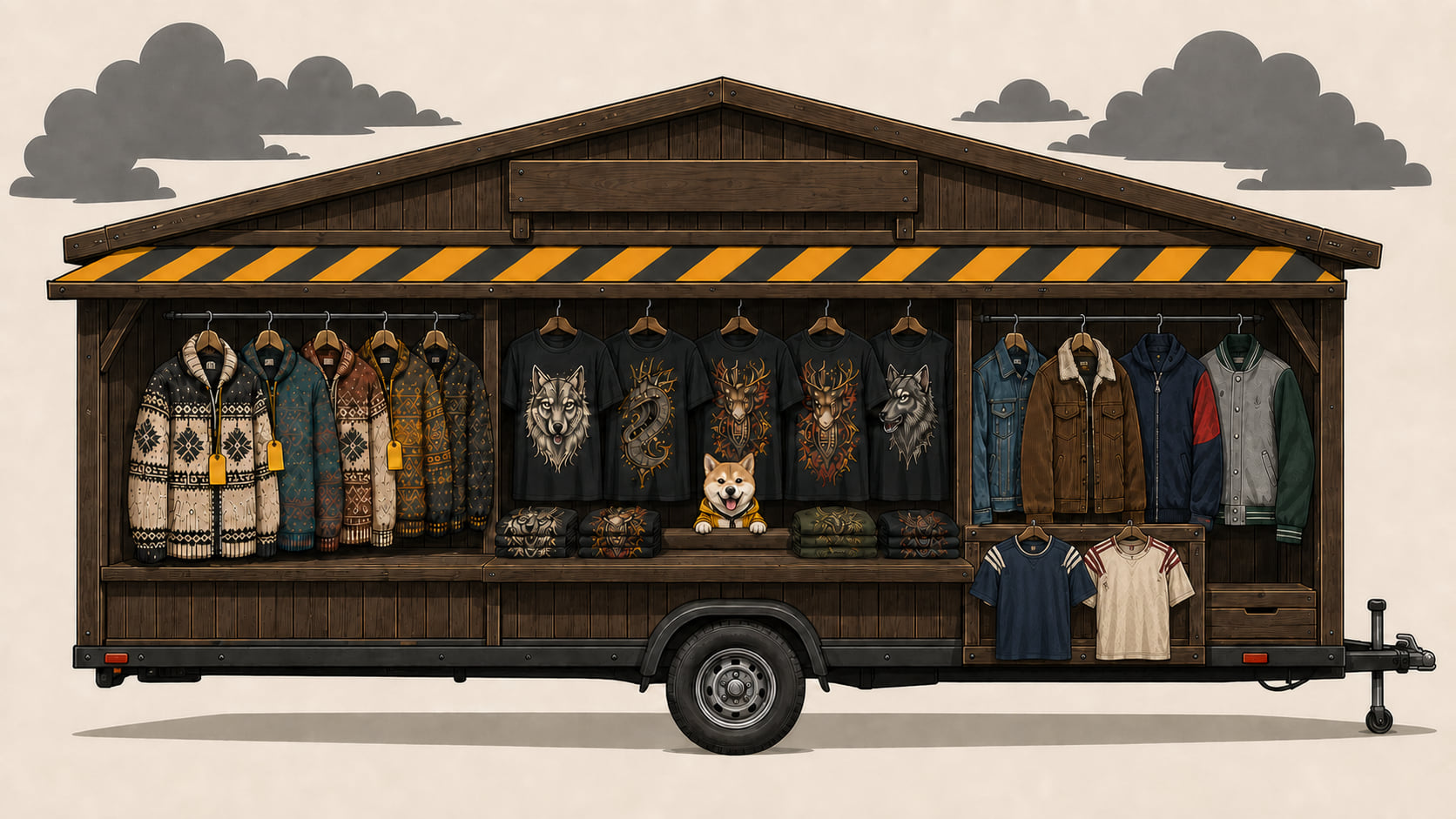 Mobiler Shirtgewitter-Marktstand mit Wolljacken, Motiv-Shirts, Vintage-Sportkleidung und Shiro hinter der Theke